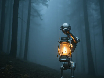 A silver robot holding a lantern in a foggy forest