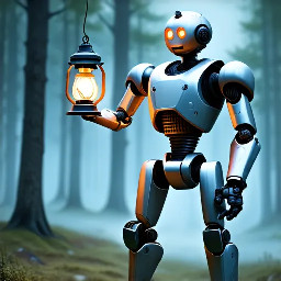 A silver robot holding a lantern in a foggy forest.