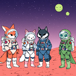 The four astronauts: the fox with the red spacesuit and the red space helmet, the white fox with the pink spacesuit and the pink space helmet, the wolf with the blue spacesuit and the blue space helmet and the black wolf with the green spacesuit and the green space helmet meet with the aliens on the mars Japanese comics