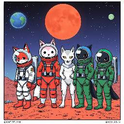 The four astronauts: the fox with the red spacesuit and the red space helmet, the white fox with the pink spacesuit and the pink space helmet, the wolf with the blue spacesuit and the blue space helmet and the black wolf with the green spacesuit and the green space helmet meet with the aliens on the mars Japanese comics
