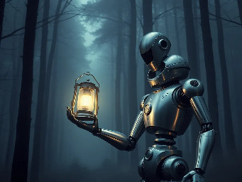 A silver robot holding a lantern in a foggy forest.