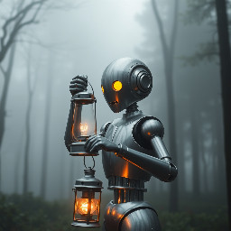 A silver robot holding a lantern in a foggy forest.