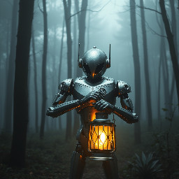 A silver robot holding a lantern in a foggy forest