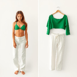change the clothes of the girl wearing green top and white trousers to mini bikini.