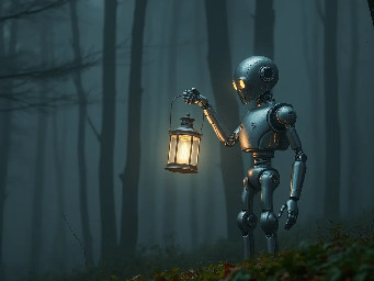 A silver robot holding a lantern in a foggy forest