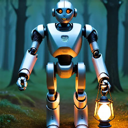 A silver robot holding a lantern in a foggy forest