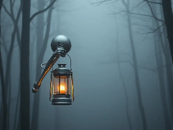 A silver robot holding a lantern in a foggy forest.